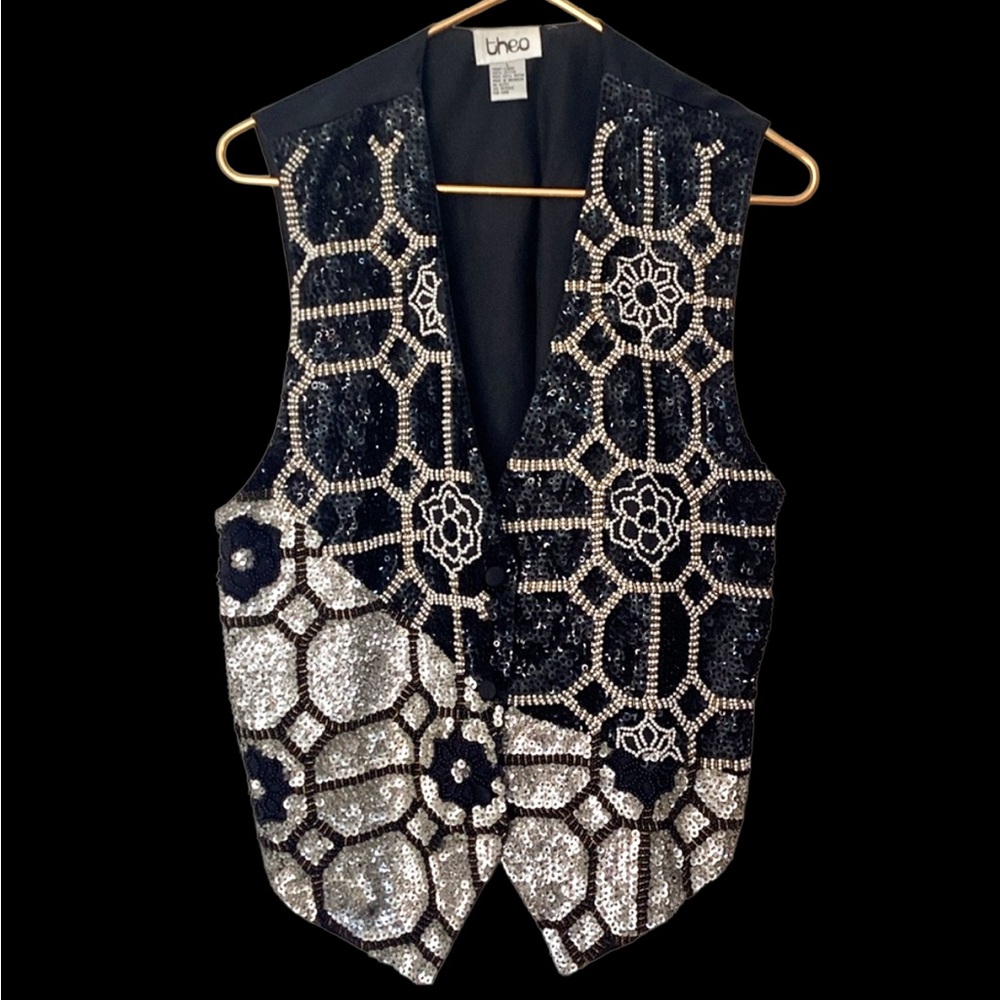 VINTAGE Theo 90’s Embellished Black and Silver Beaded Vest-Dazzling Beadwork! - Picture 6 of 15